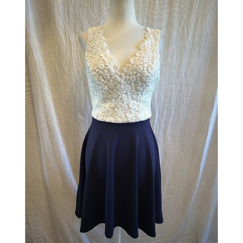 B Darlin Fit & Flare white Lace Top‎ Navy Blue Skirt Hi Low Dress Sz 5/6 Juniors